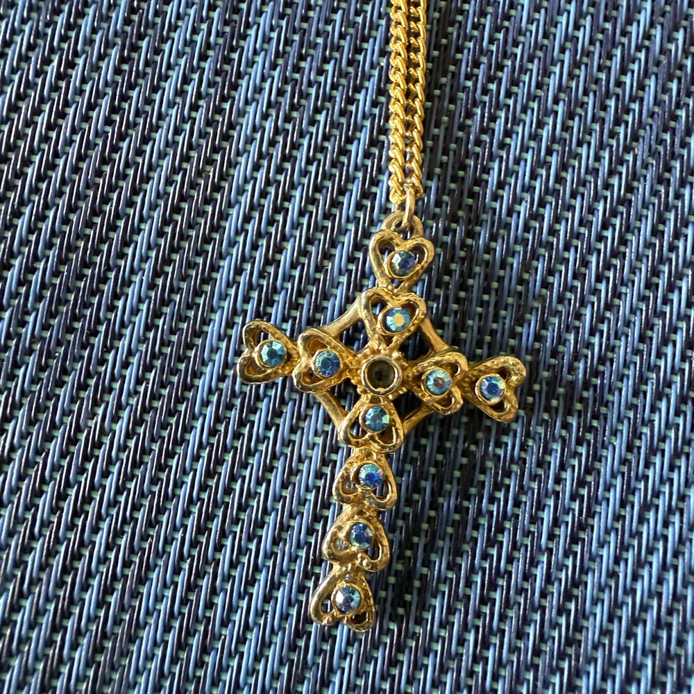 Gold and Blue Heart Cross Pendant Necklace